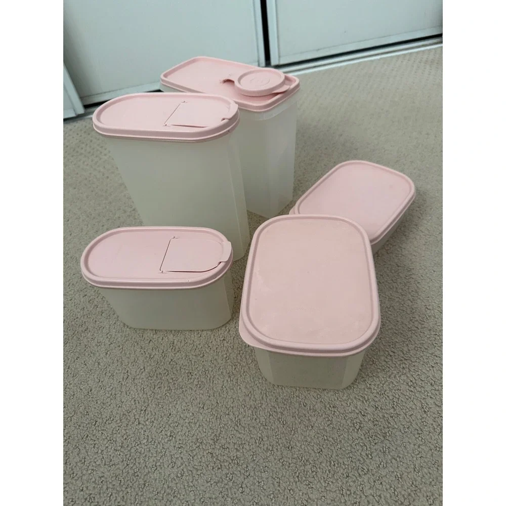 TUPPERWARE Vtg 1980's 5 Piece Set Pink Frosted Clear Pantry Storage Containers